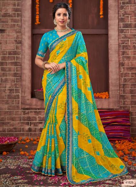 Yellow And Blue Colour Pushpa Vishal New Fancy Bandhani Georgette Saree Collection 41829